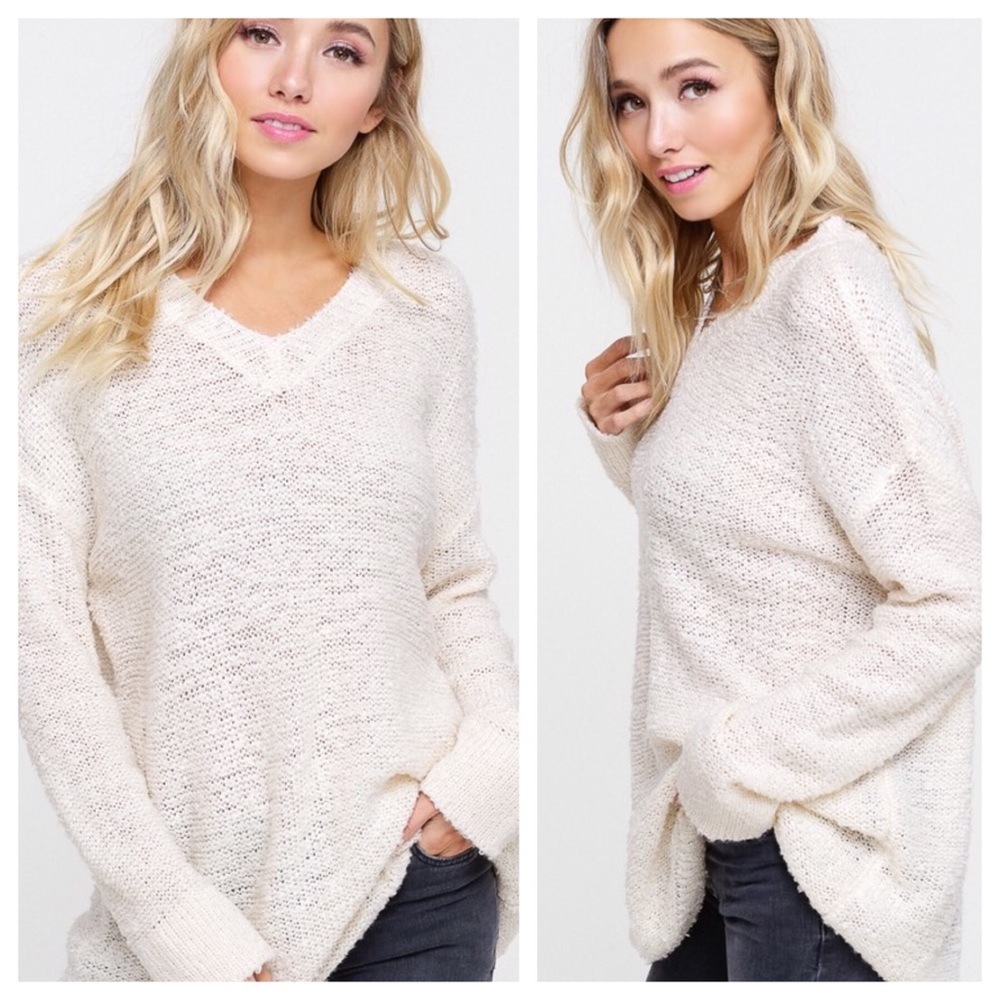 V Neck Cream Sweater - Picture 2 of 8